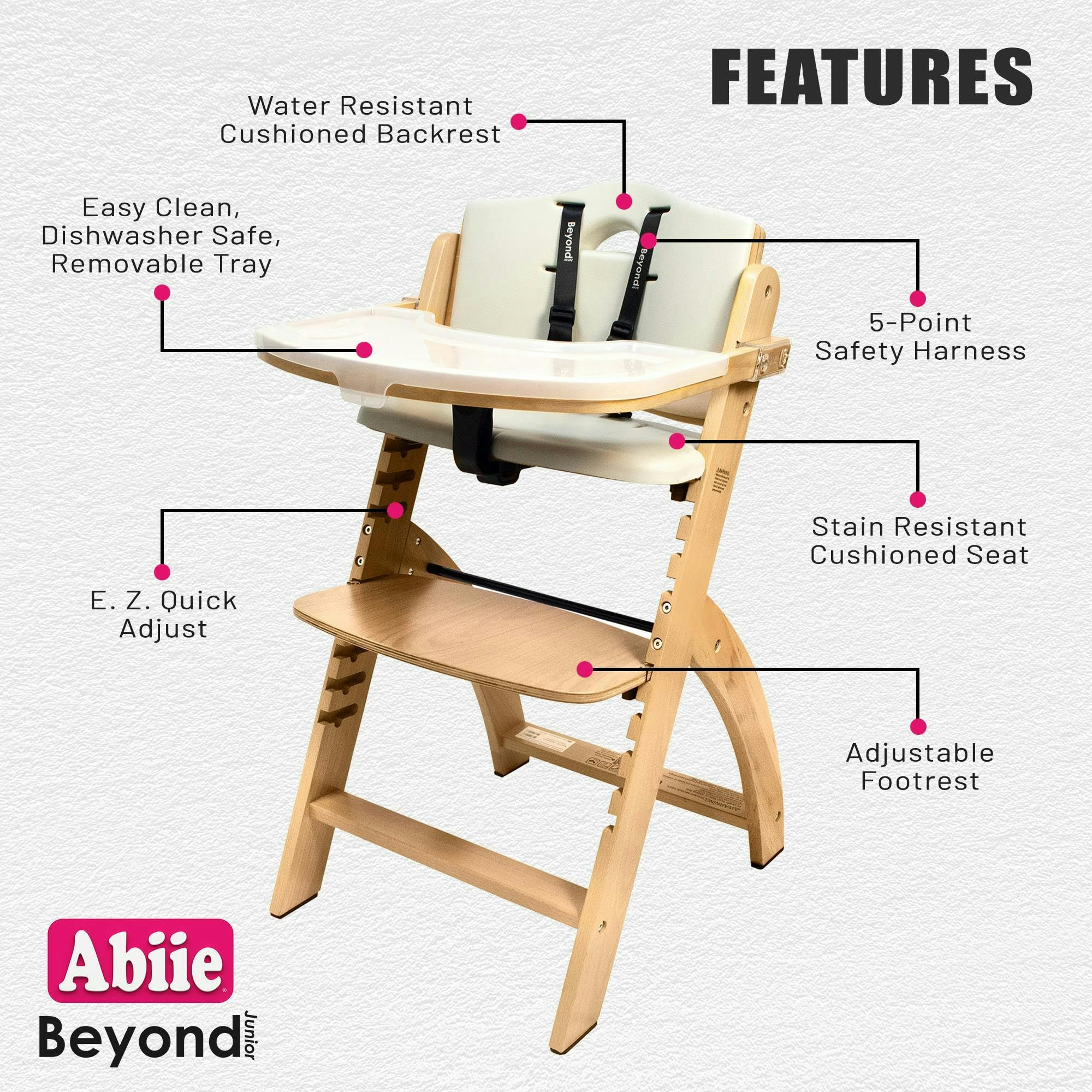 Abiie Beyond Junior Wooden High Chair with Tray - Adjustable and Convertible High Chair for Babies and Toddlers - 6 Months to 250 Lb - Water Resistant - Natural Wood/Dove Grey Cushion