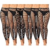 Hicarer 6 Pairs Womens Black Fishnet Footless Tights High Waist Fish Net Thigh High Stockings Stripe Footless Pantyhose Mesh Leggings for Women