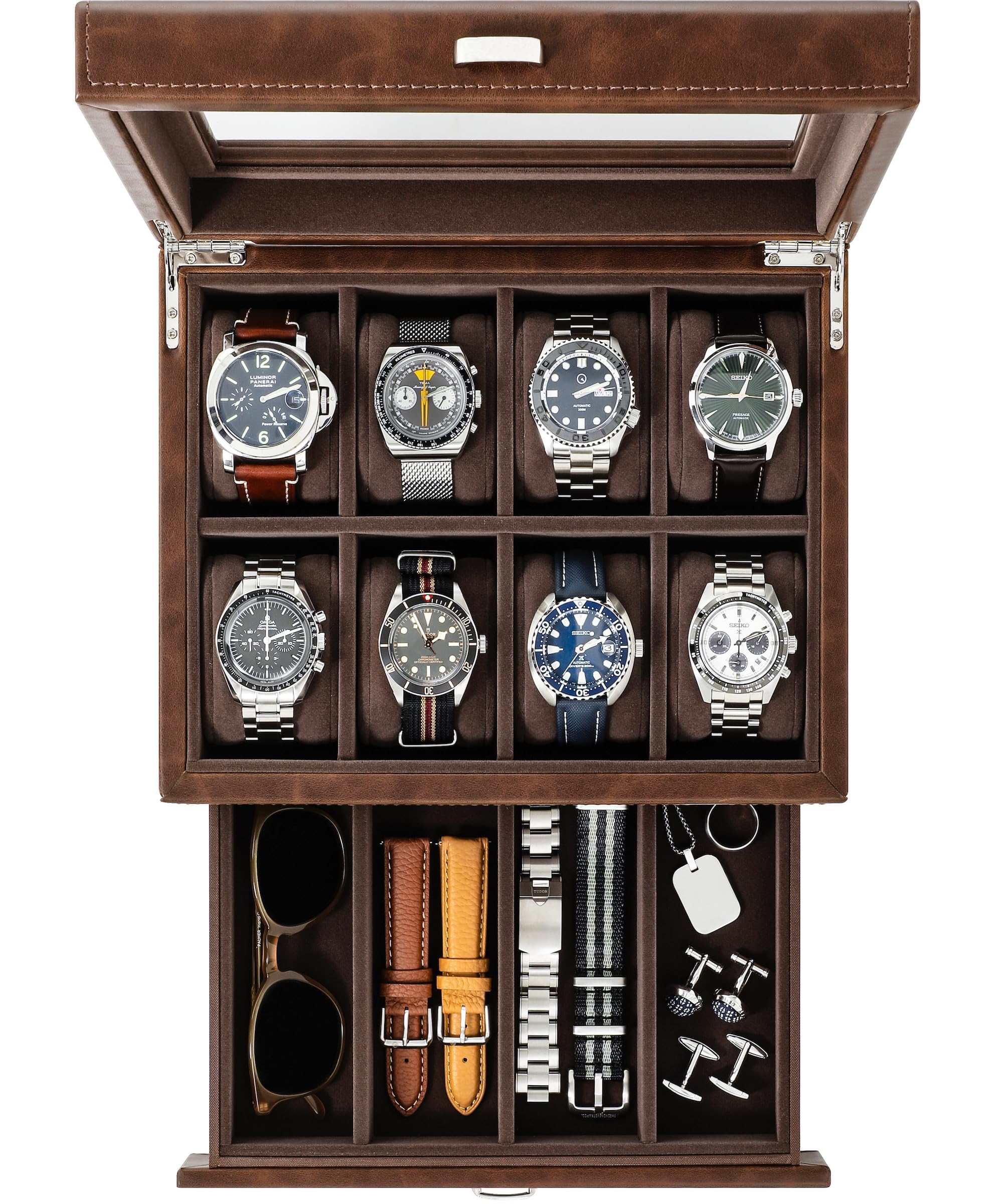 TAWBURY 8 Slot Watch Box with Storage Drawer – Premium Watch Storage Case for Men | 2.2-inch Wide Pillows Hold Small & Ovesized Watches (Brown)