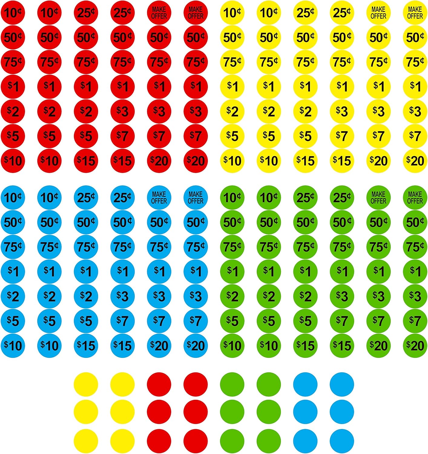 3840 PCs Garage Sale Flea Market Pre-Priced Pricing Stickers in Bright Colors (Yellow/Red/Green/Cyan), 3/4” in Diameter : Office Products