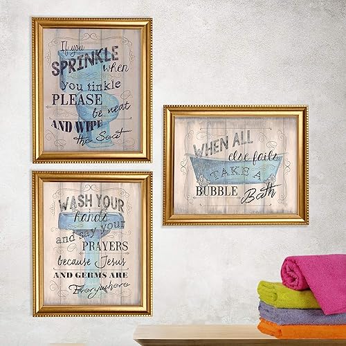 Amazon Com Bathroom Humor Funny Bathroom Decor Set 3 8 X10 S Wall Decor Rustic Distressed Wall Prints Ready To Frame Tinkles Prayers Bubbles Wood Sign Replicas Fun Reminders For Kids Guest Bath Handmade