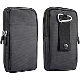 Multifunction Dual Phone Holster Men, Nylon Cell Phone Case Holder Mens Belt Pouch Loop/Clip, Smartphone Belt Wallet Purse 2 Zipper Pockets Compatible with iPhone 14 Pro Max Case 13 Pro Max, Black