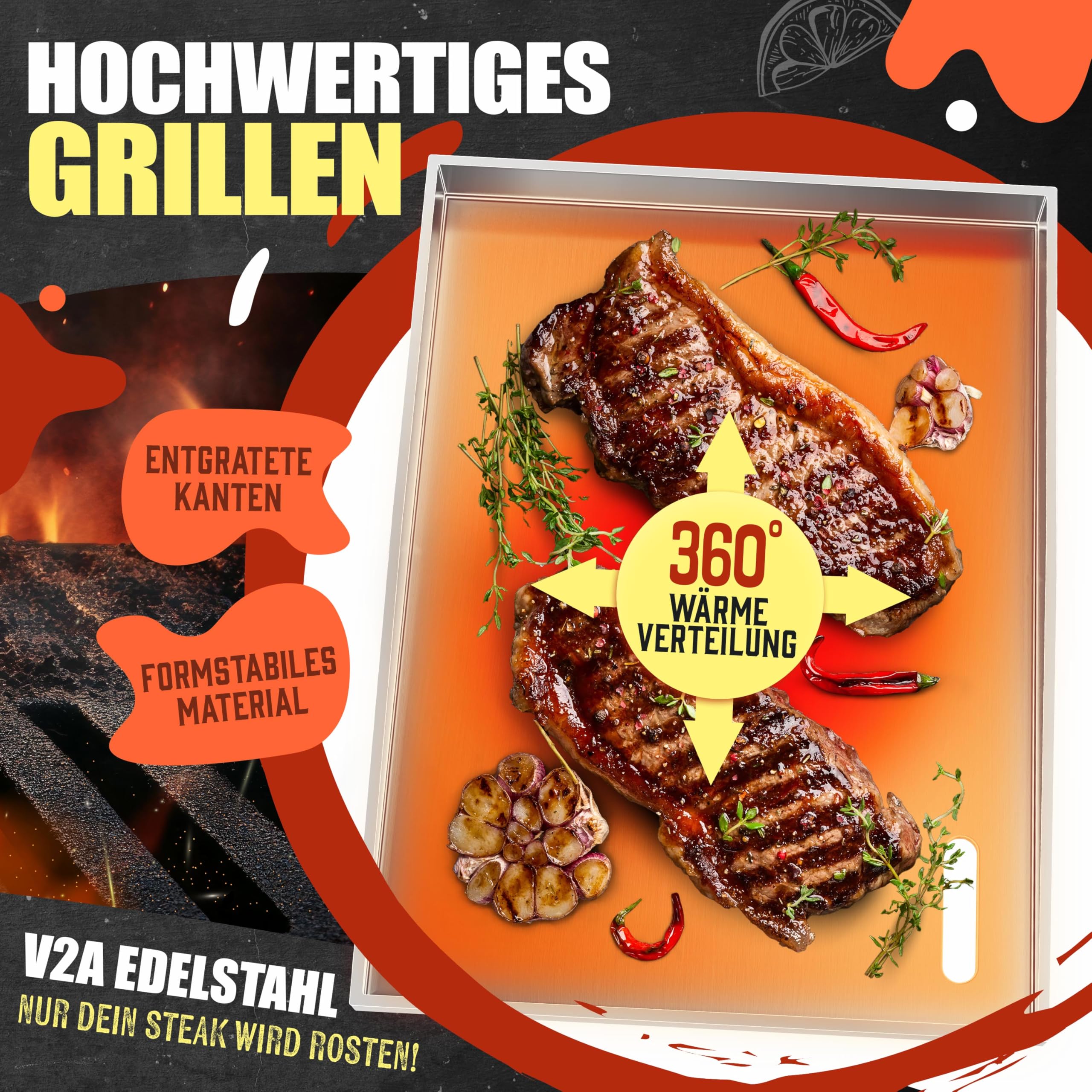 KESSER® Grillplatte Plancha aus Edelstahl 40x30cm rostfrei mit Fettablauf, hitzebeständig bis 800°C & Spülmaschinenfest für Gas & Holzkohlegrill inkl. 2 Spatel, Grillschürze, Grillmatte & Rezeptbuch 3