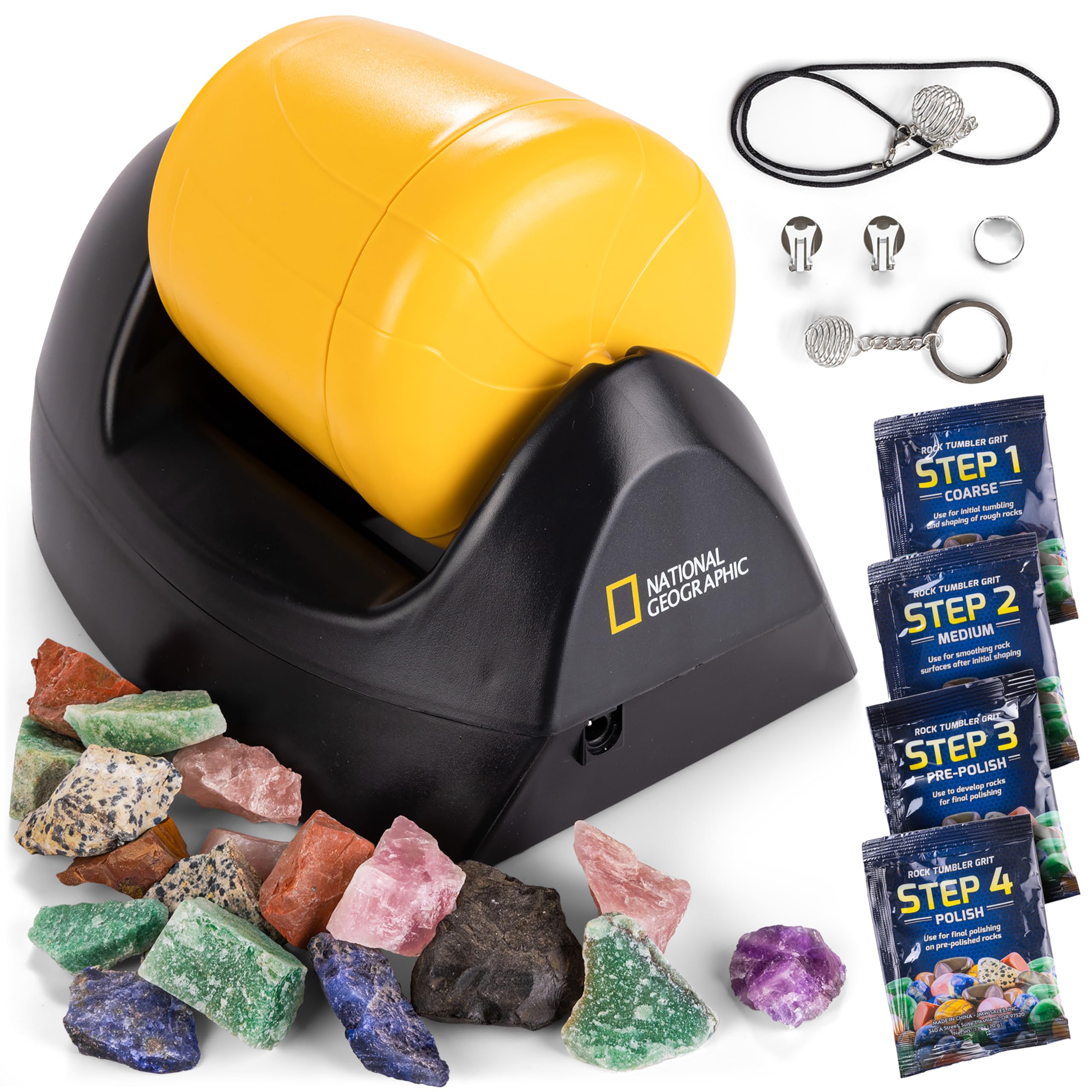 NATIONAL GEOGRAPHIC Starter Rock Tumbler Kit - Includes Rough Gemstones, 4-Stage Silicon Carbide Polishing Grit, Jewellery Fastenings & Learning Guide - STEM Science Kit for Geology Enthusiasts