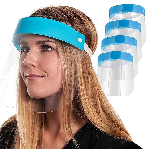 Salon World Safety Face Shields - Ultra Clear Protective Full Face Shields to Protect Eyes, Nose and Mouth - Anti-Fog PET Plastic, Elastic Headband - Sanitary Droplet Splash Guard Cover (Pack of 4)