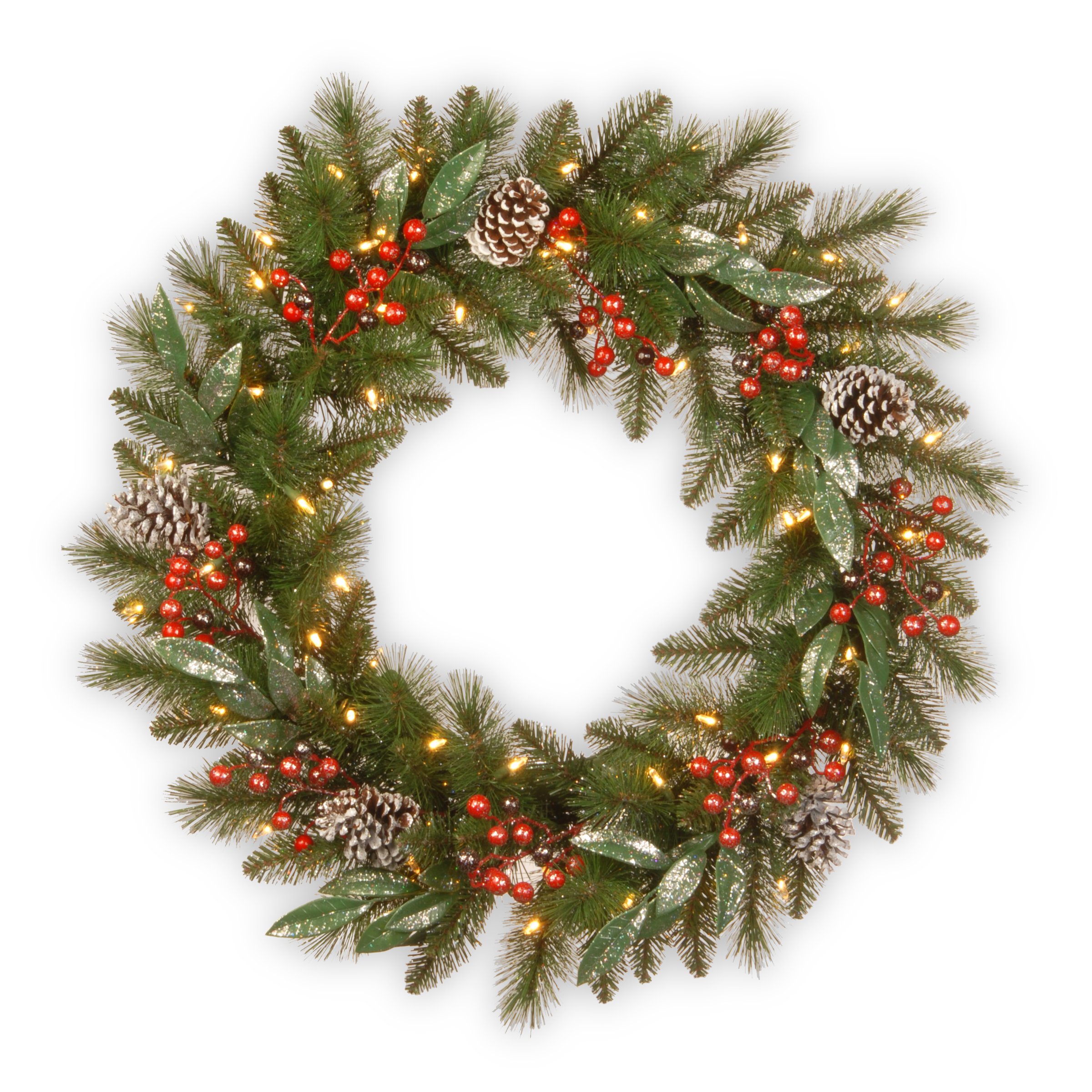 National Tree 30 Inch Frosted Pine Collection Wreath with Big Tipped Cones, Berries, Glittered Eucalyptus Leaves and 50 Battery Operated Warm White LED Lights with Timer (FPB-300-30WB-1)