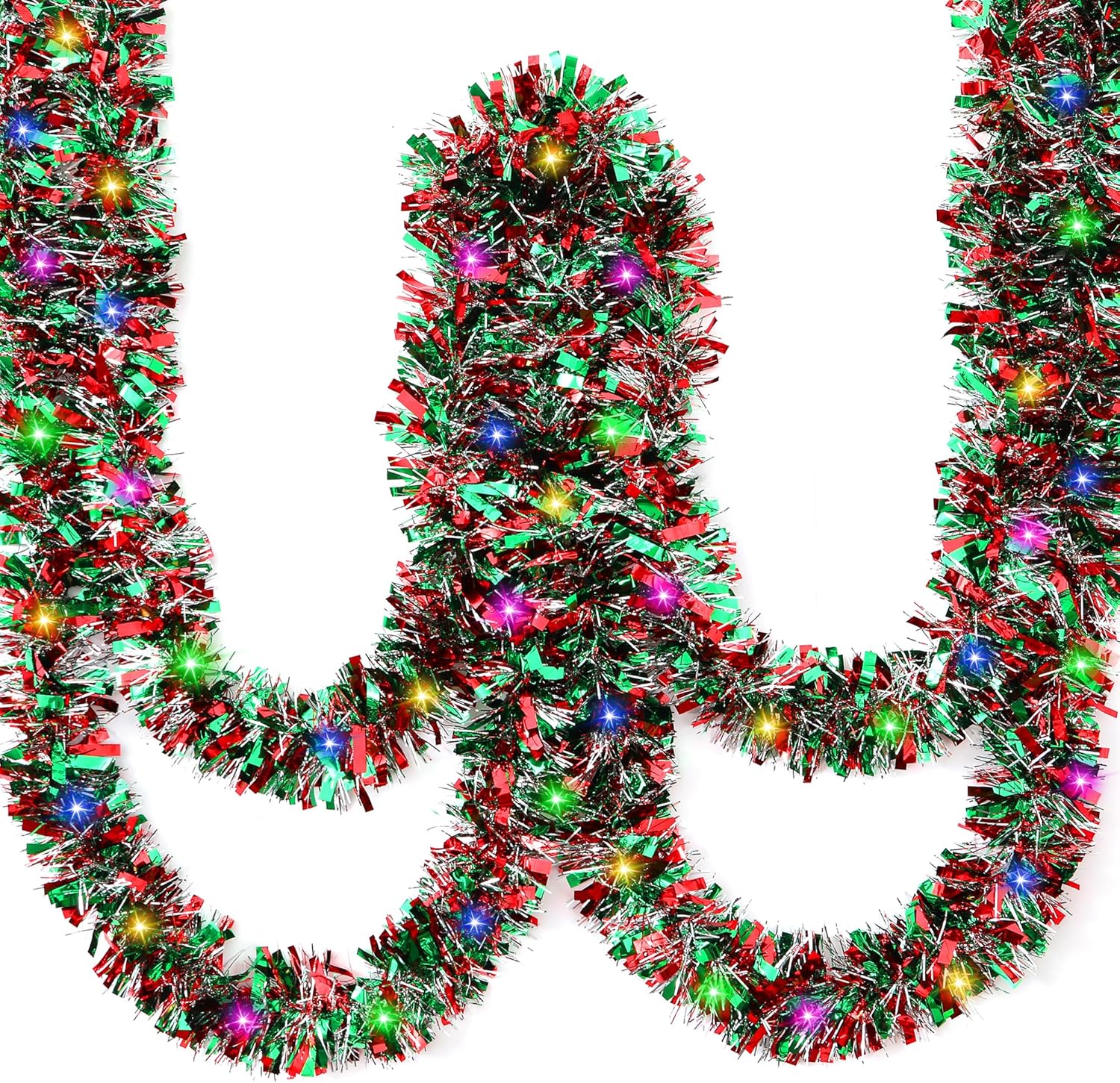 Wreaths, Garlands & Swags - Gloreyan 33FT Christmas Tinsel Garland with LED Lights Prelit Red Green Gold Metallic Twist Tinsel Garland Battery Operted Lighted Multicolor Hanging Garland for Xmas Tree Stair Mantle Party Supply