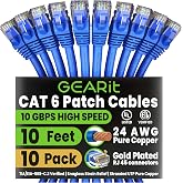 GEARit Cat6 Patch Cables Cat 6 Ethernet Cable 10 ft 10-Pack Blue | Ethernet Patch Cable, 10Gbps 550MHz 24AWG Pure Copper, Snagless, Gold Plated RJ45 for Router, Server, Router, PC