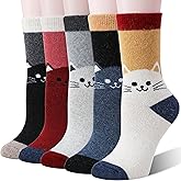 Welwoos Women Merino Wool Cat Socks Thermal Winter Warm Thick Cozy Cute Fun Crew Boot Socks 5 Pairs