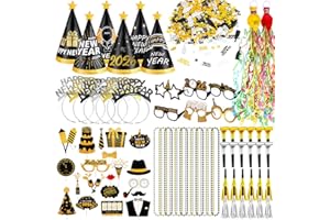 Silipull 85 Pcs New Years Eve Party Supplies Happy New Year Decor Kit Include Hand Throw Streamers Hairband Eyeglass Cone Hats Necklace Noise Makers Confetti for Adults Hello 2026 Party Favors