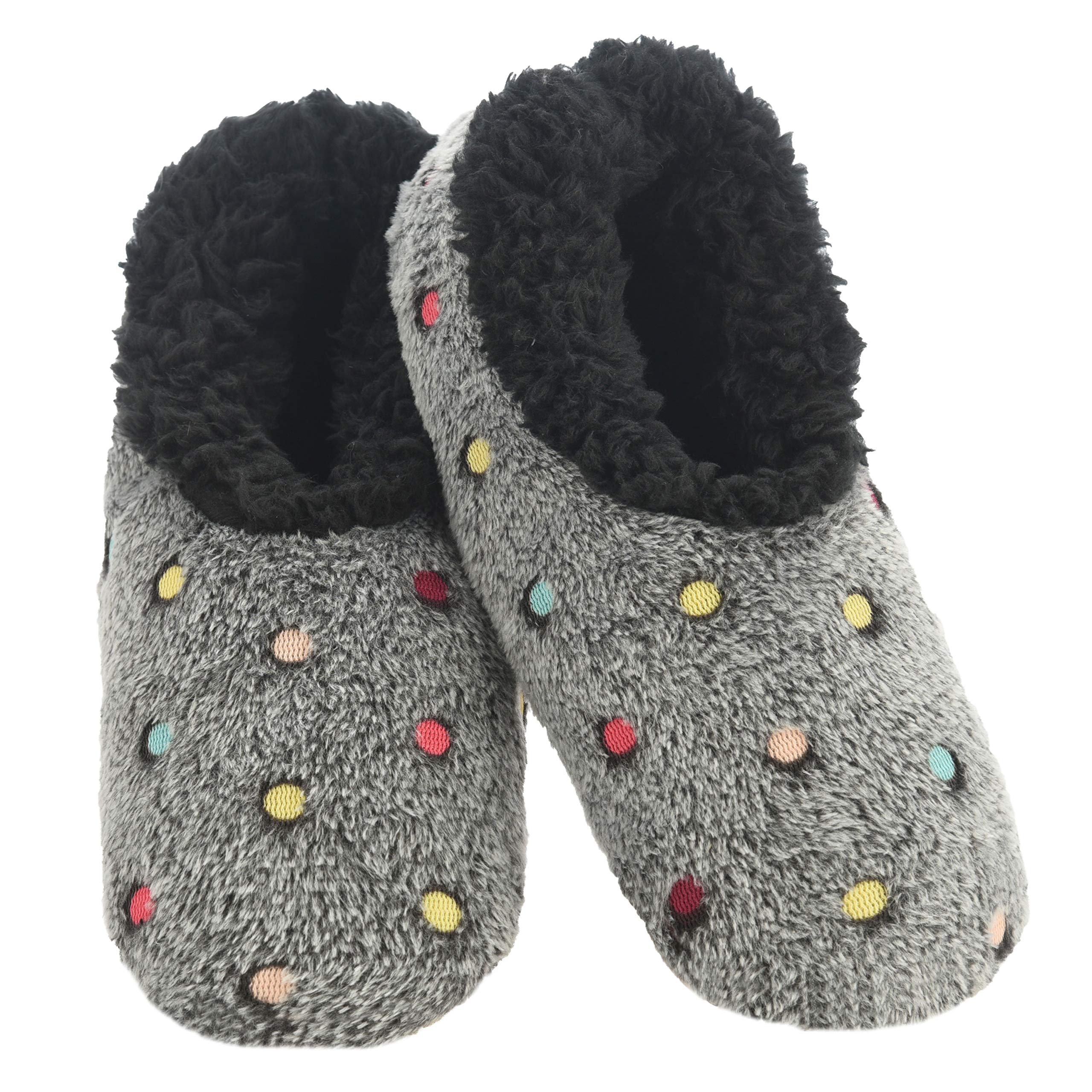 Snoozies Women's Lotsa Dots Slipper Socks, Black, Medium - Cozy Sherpa Fleece Slipper for Women