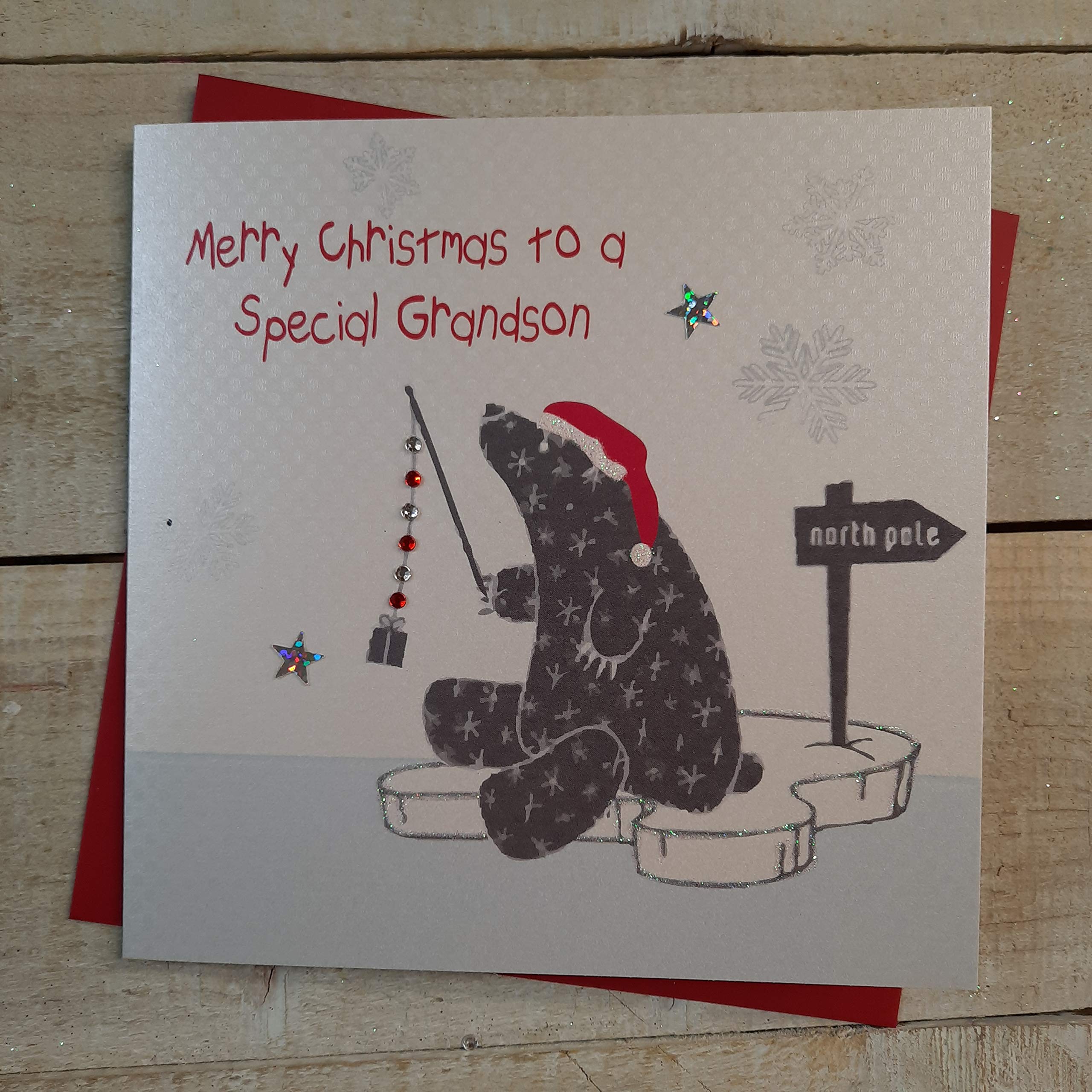 white cotton cards X23 Merry Christmas To A Special Grandson Handmade Christmas Card with Polar Bear Design, White