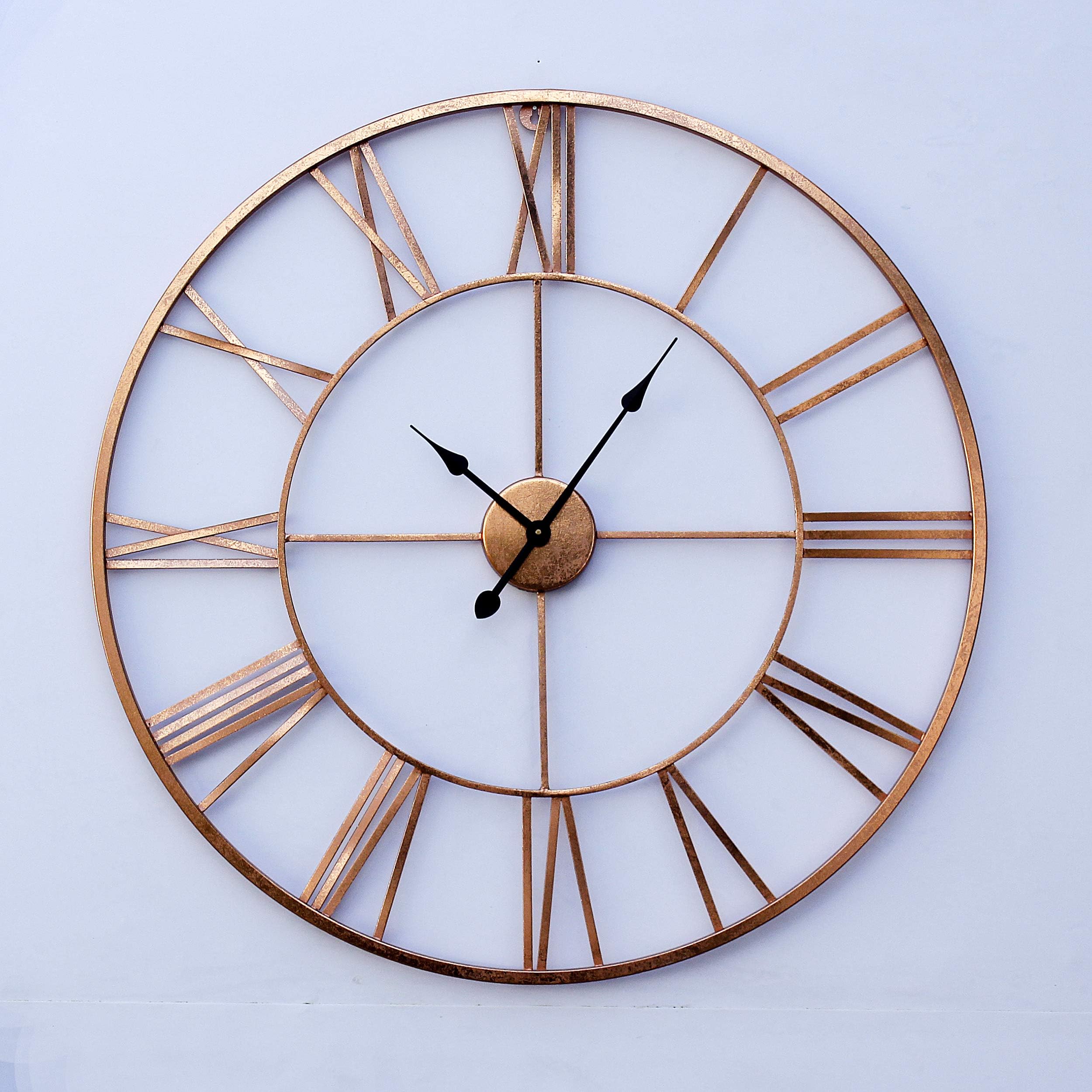 Decorlives 30 Inch Metal Wall Clock for Living Room Bedroom Decor | Roman Numerical | Large Antique Vintage Decorative Clocks | Hand Crafted Analog Watches Home Office Farm House (75cm,Copper)