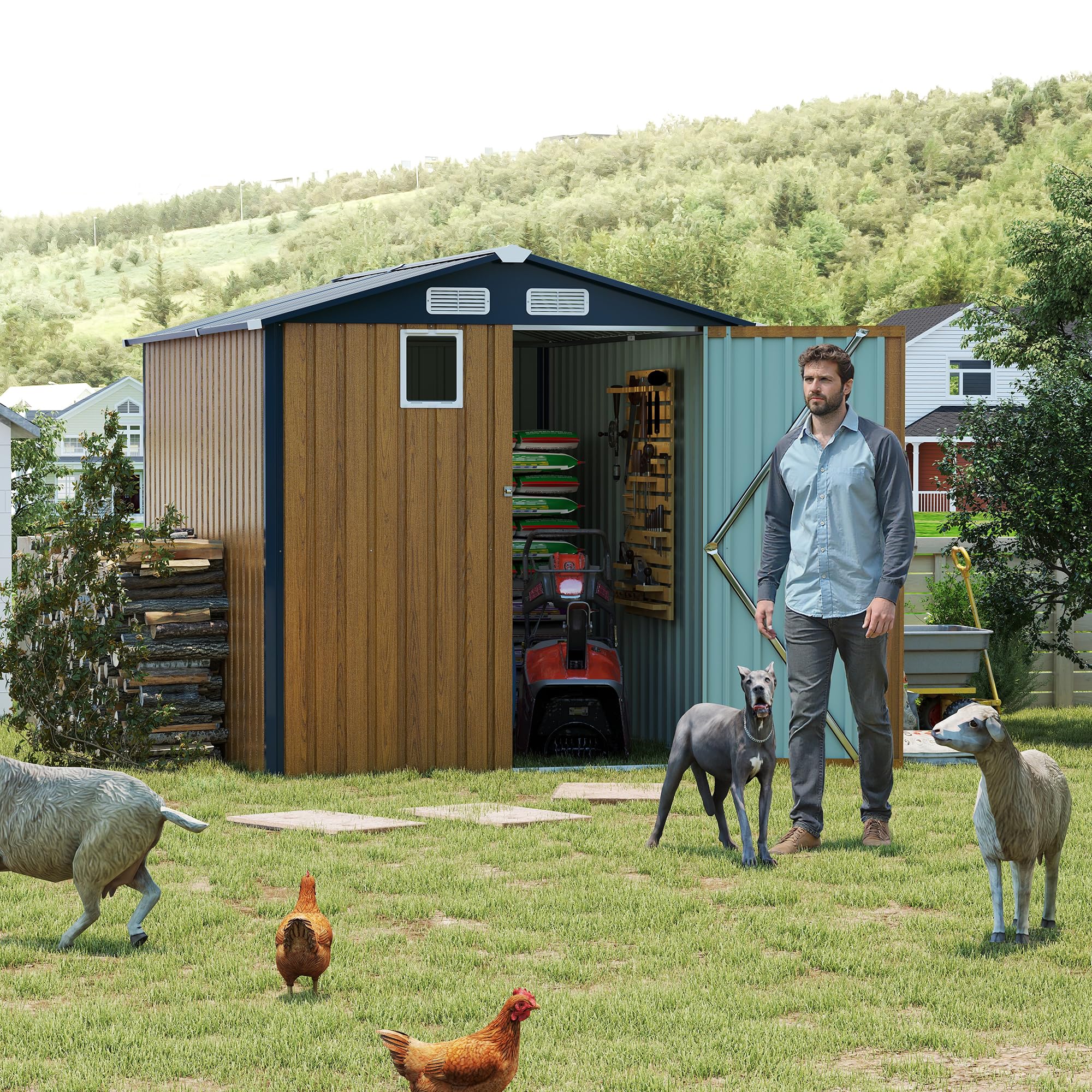 Photo 1 of YOPTO 6x8 FT Sheds & Outdoor Storage,Steel Storage Shed with Lockable Doors and Window,Waterproof Garden Shed w/Roof Slope Design & Weather Versatility,Tool House for Storing Bicycles,Yellow