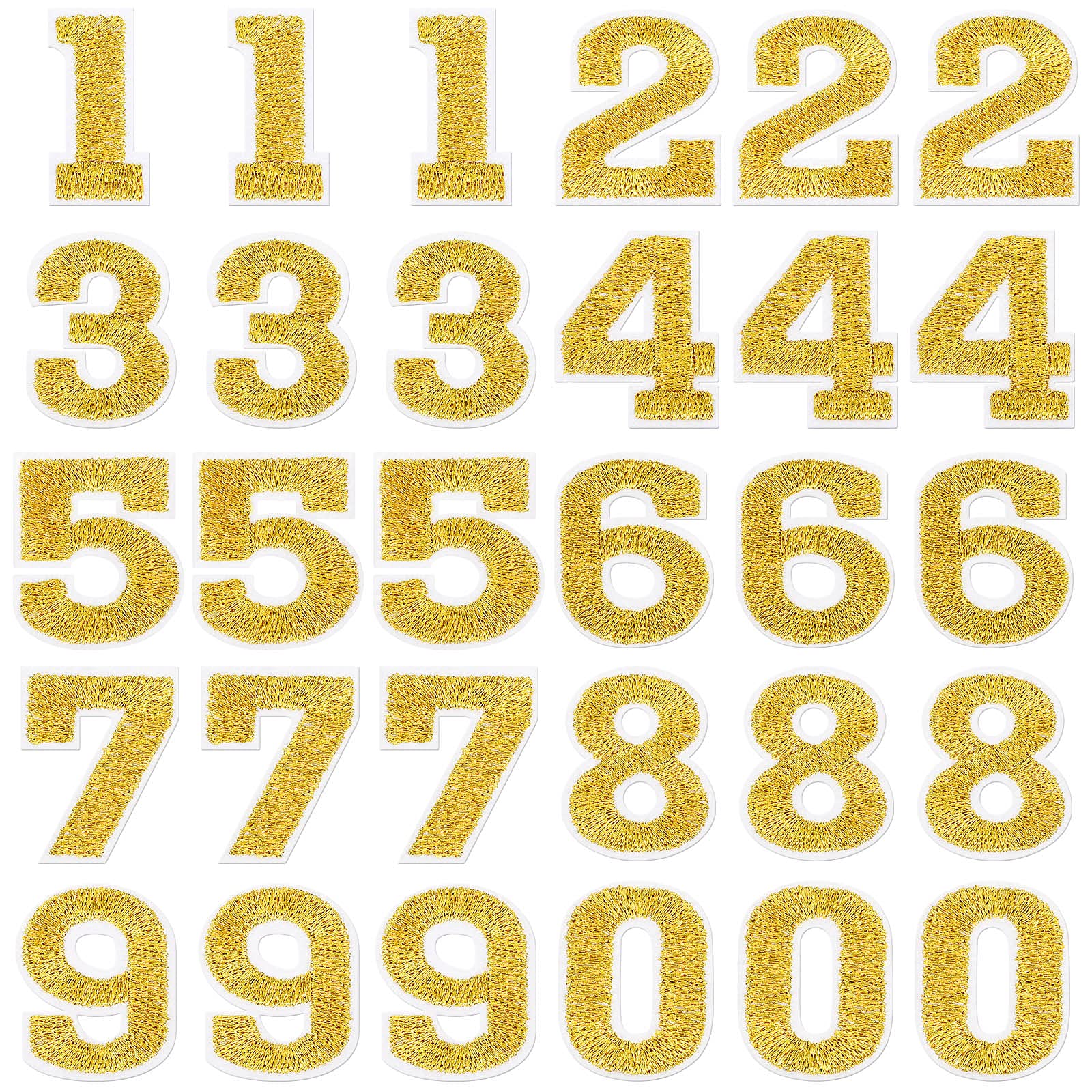 Photo 1 of 30 Pieces Iron on Numbers Patches, Numbers 0-9 Applique for Clothes, Decorative Repair Patches Sew on Embroidered Applique Patches for Hat, Socks, Jeans, DIY Accessories(1.25 Inches,Gold)
