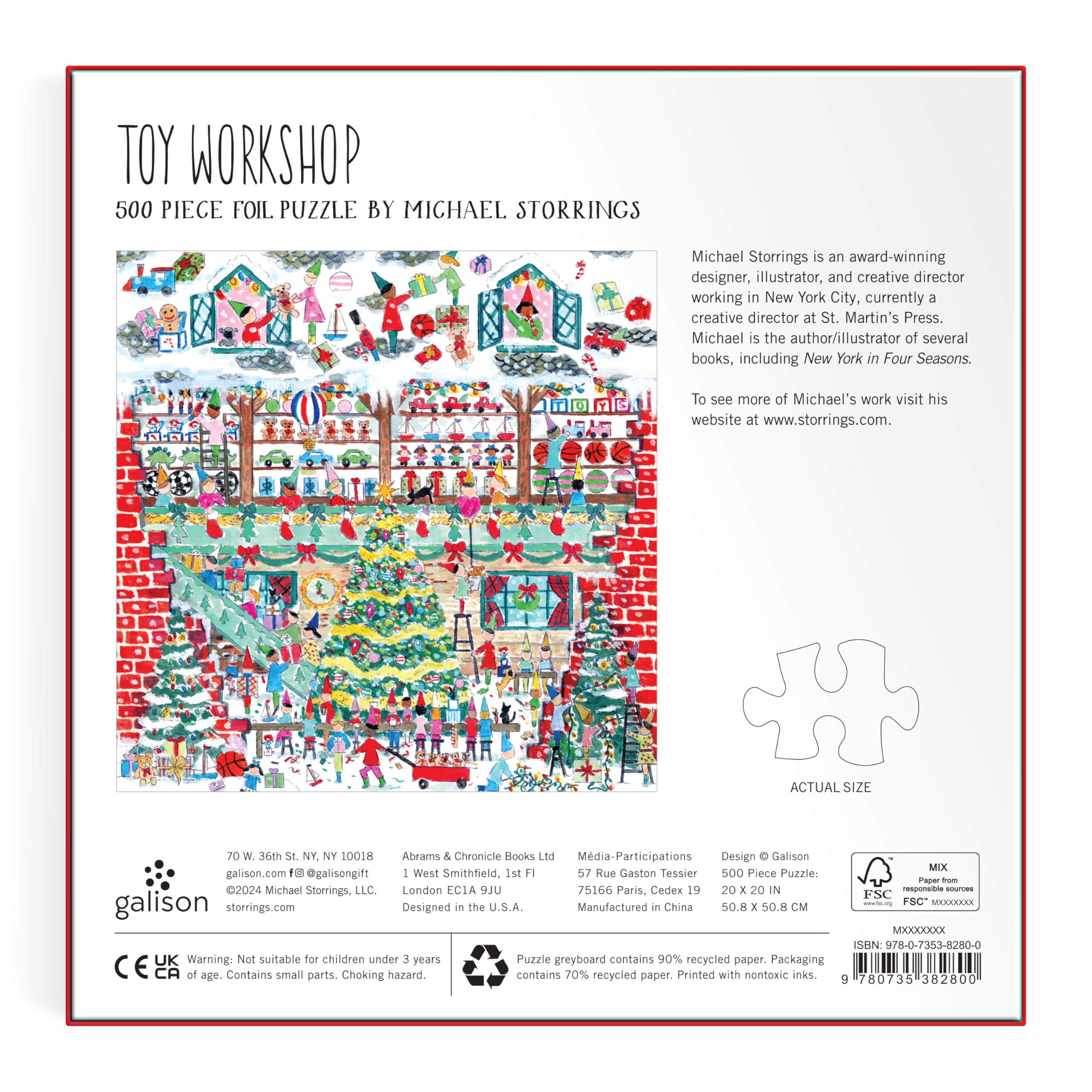 Galison Toy Workshop – 500 Piece Michael Storrings Foil Jigsaw Puzzle Featuring Beautiful Artwork of A Christmas Toy Workshop with Frosty Foil Accents