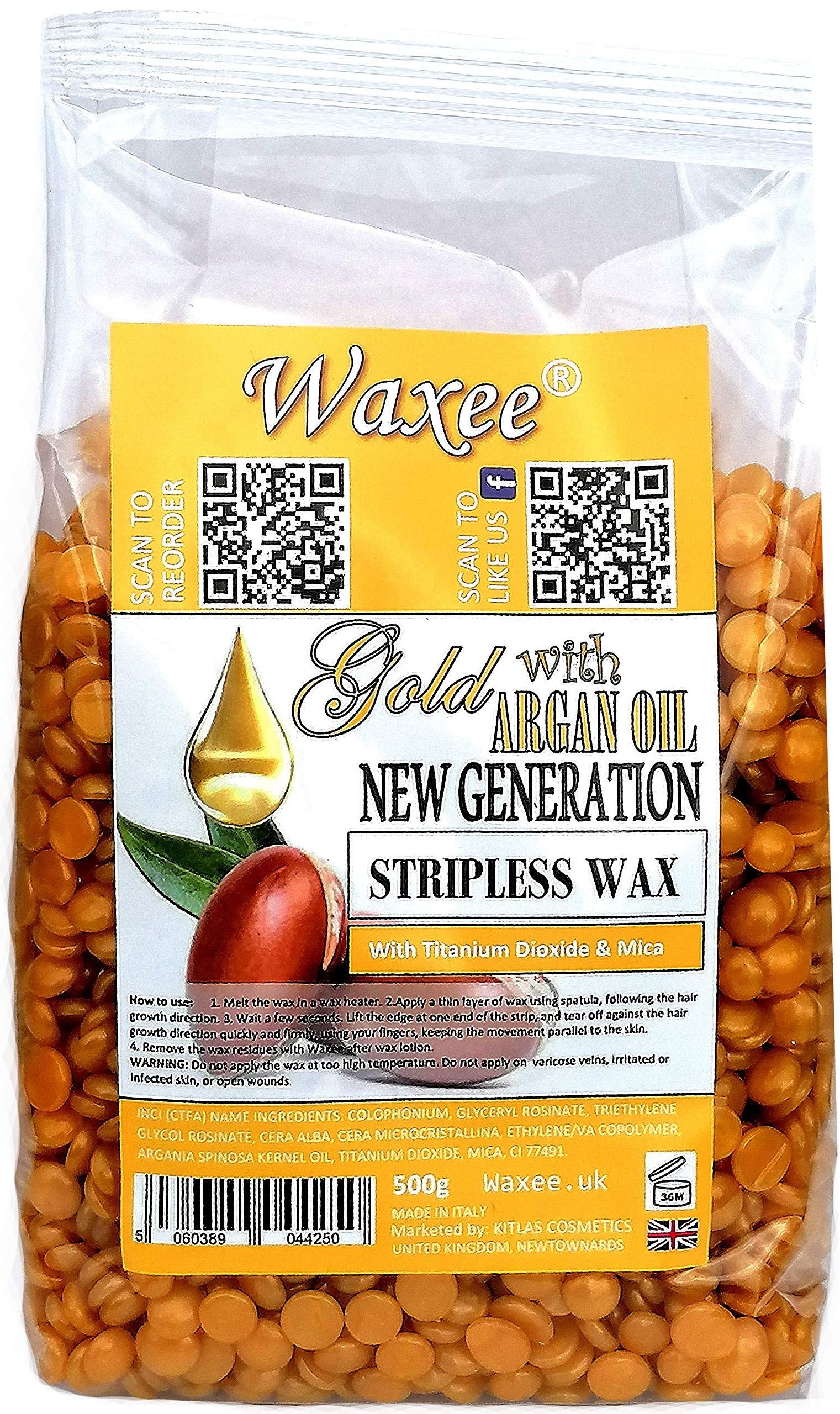 Stripless hard film wax New Generation, Brazilian peelable, peel off flexible wax beads 500g, Gold (with Argan oil)