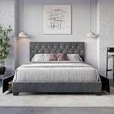 HOME DESIGN Sheffield Full Size Tufted Upholstered Storage Platform Bed Frame, Velvet Fabric, Diamond Button-Tufted Headboard, Drawers, No Box Spring Needed, Dark Gray