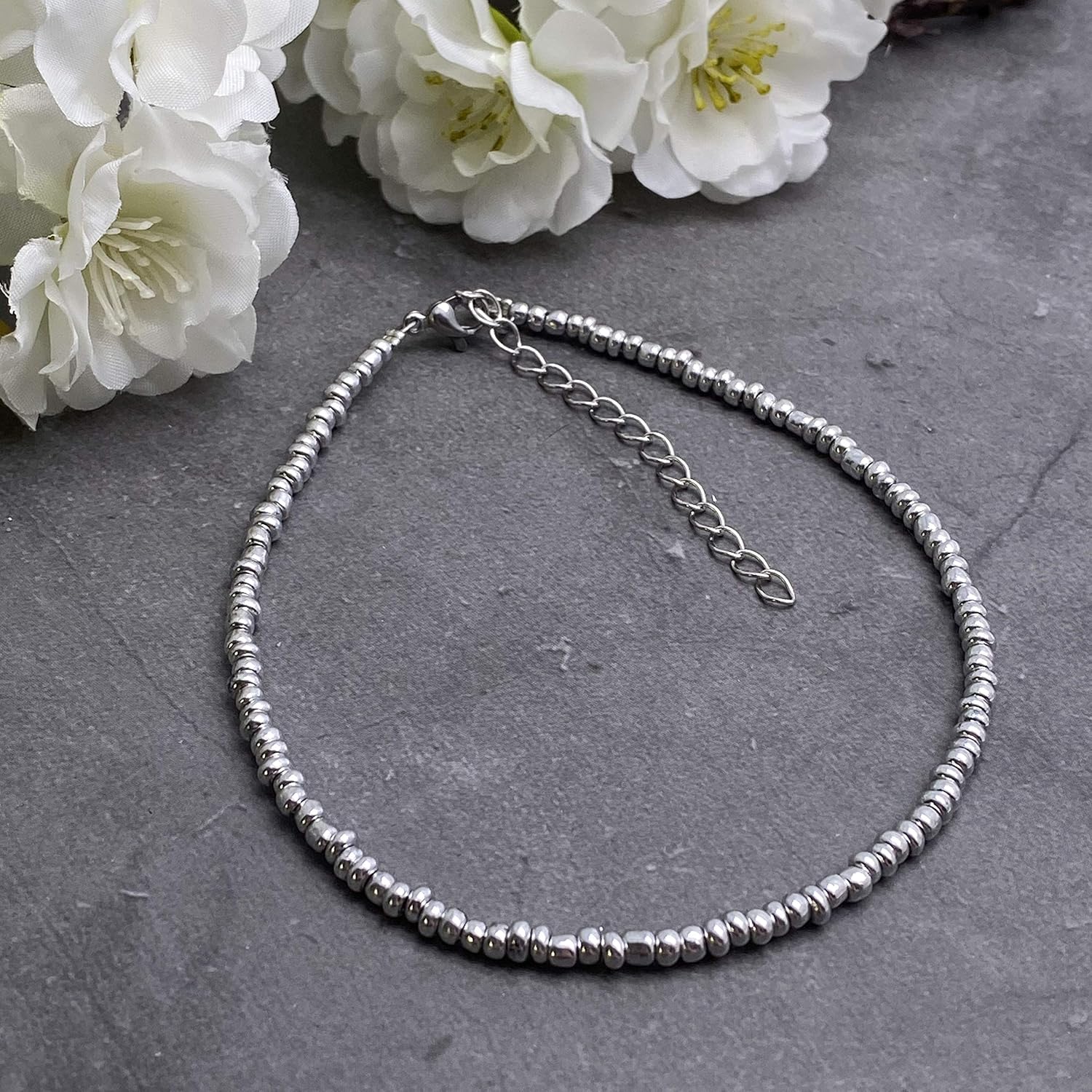 Shiny Silver Glass Seed Bead Anklet with Extension Chain - Adjustable Size : 9-11 inches, Ankle Jewellery for Women - Image 3