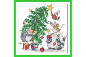 ITSTITCH Printed Cross Stitch Kits 11CT 14X14 inch 100% Cotton Holiday Gift DIY Embroidery Starter Kits Easy Patterns Embroidery for Adults Crafts DMC Stamped Cross-Stitch Supplies Needlework Christmas Tree