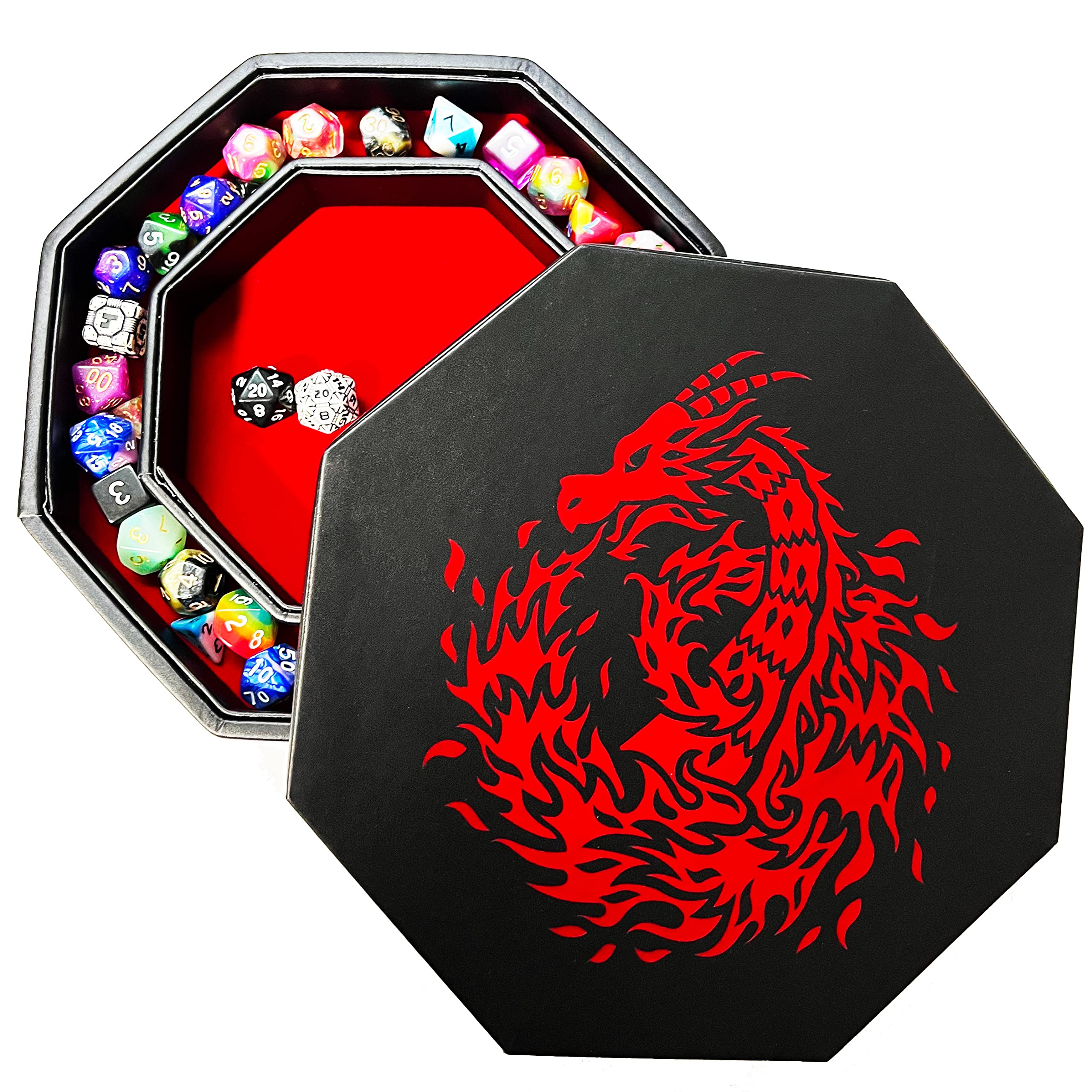 Fantasydice- Fire Dragon - Dice Tray - 20CM Octagon with Lid and Dice Staging Area- Holds 5 Sets of Dice(7 / Standard) For All Tabletop RPGs Like D&D, Call of Cthulhu, Shadowrun. (RED)