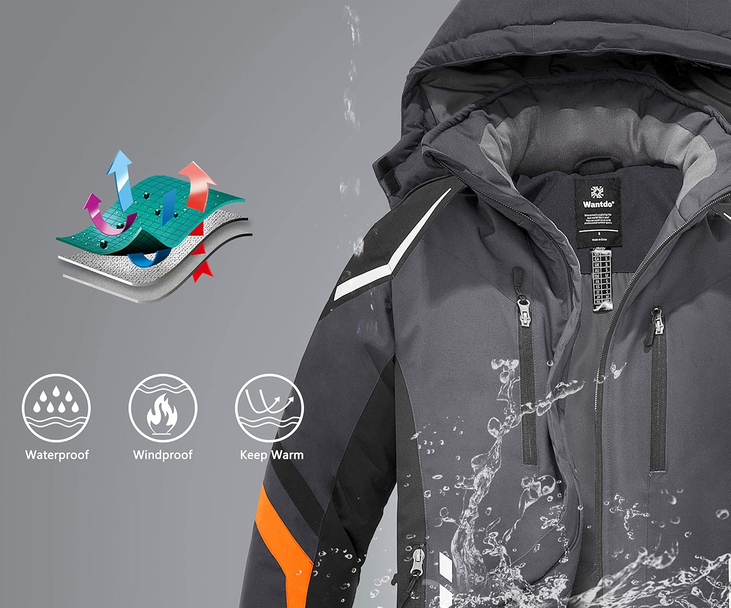 Wantdo Men's Mountain Waterproof Ski Jacket Warm Winter Snow Coat Windproof Raincoat Outdoor Windbreaker: Clothing