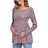 Ecavus Women's Maternity Ribbed Knit Shirts Long Sleeve Pregnancy Tops Comfy Stretchy Pregnant Blouses