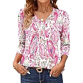 AKEWEI 3/4 Length Sleeve Womens Tops V Neck T Shirts Dressy Casual Pleated Spring Fashion 2026 Work Blouses