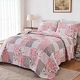 Oversized King Size Pink Grey Floral Quilt Set 128x120 Plaid Patchwork Extra Wide Super King Size Comforter Rversible Quilted Bedspread Coverlet Set 3-Piece Bedding Set Bed Cover with 2 Pillow Shams | Oversized King Quilt, Pink Plaid Quilt Set, 128x120 Quilt, Floral Quilt Set, Rversible Quilt, Patchwork Quilt