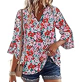 LOOKBOHO Womens Boho Tops Ruffle 3/4 Sleeve Button V-Neck Dressy Casual 2025 Fall Bell Sleeve Floral Business Blouses