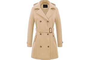 Chrisuno Women's Double Breasted Pea Coat Hooded Long Winter Trench Coat