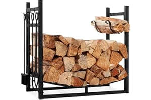 Best Choice Products 34.25in Firewood Log Rack & Tool Set Steel Wood Storage Accessory for Indoor Outdoor Fire Pit, Fireplace w/Kindling Holder, Shovel, Poker, Tongs, Brush