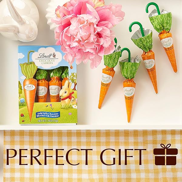 LINDT CHOCOLATE CARROTS, SOLID MILK CHOCOLATE EASTER CANDY BLENDED WITH HAZELNUT, 1.9 OZ BOX