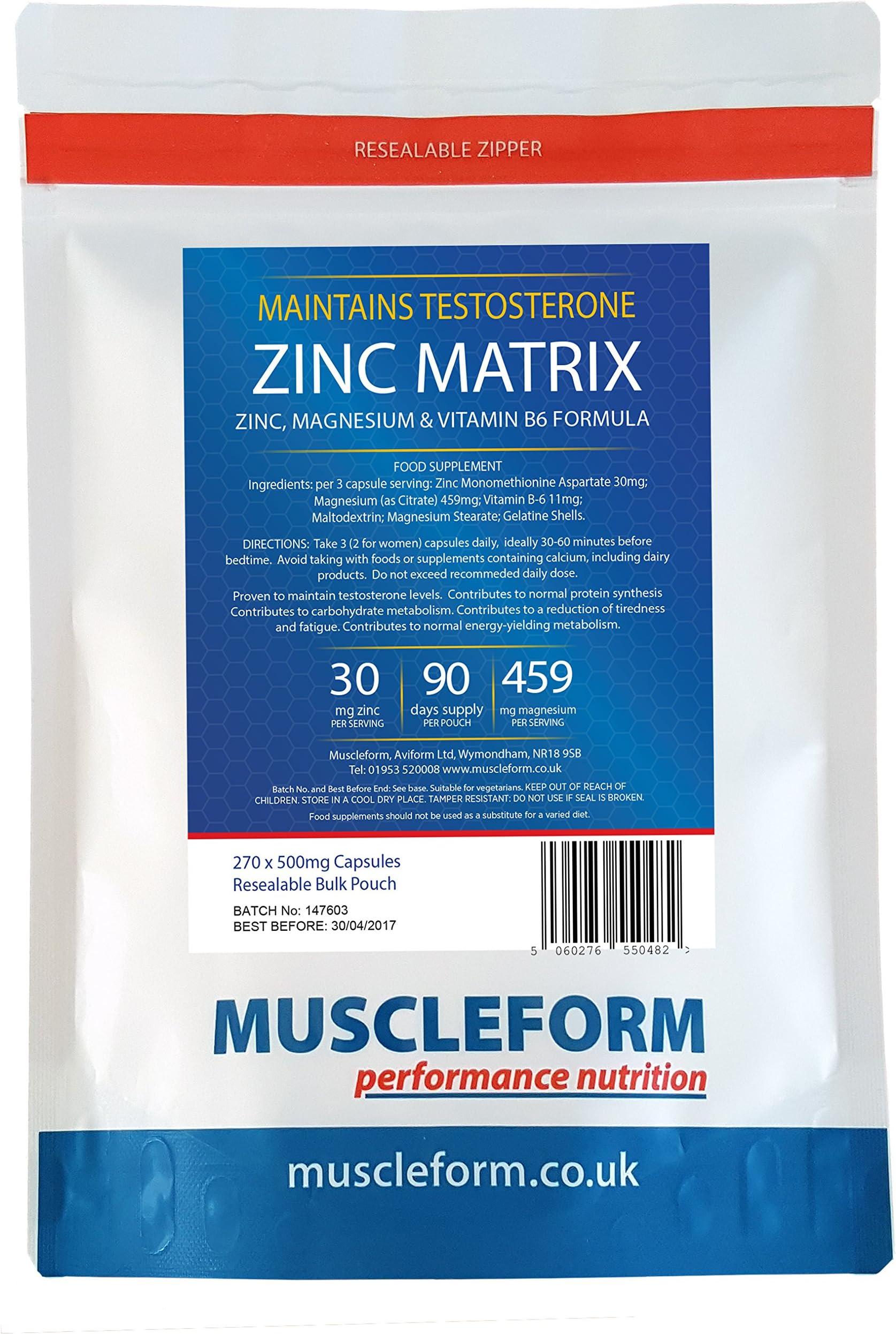 Muscleform ZINC MATRIX Zinc & Magnesium Formula 500mg capsules 270 x 500mg capsules - 90 days supply - Fast Delivery | Free Express Delivery