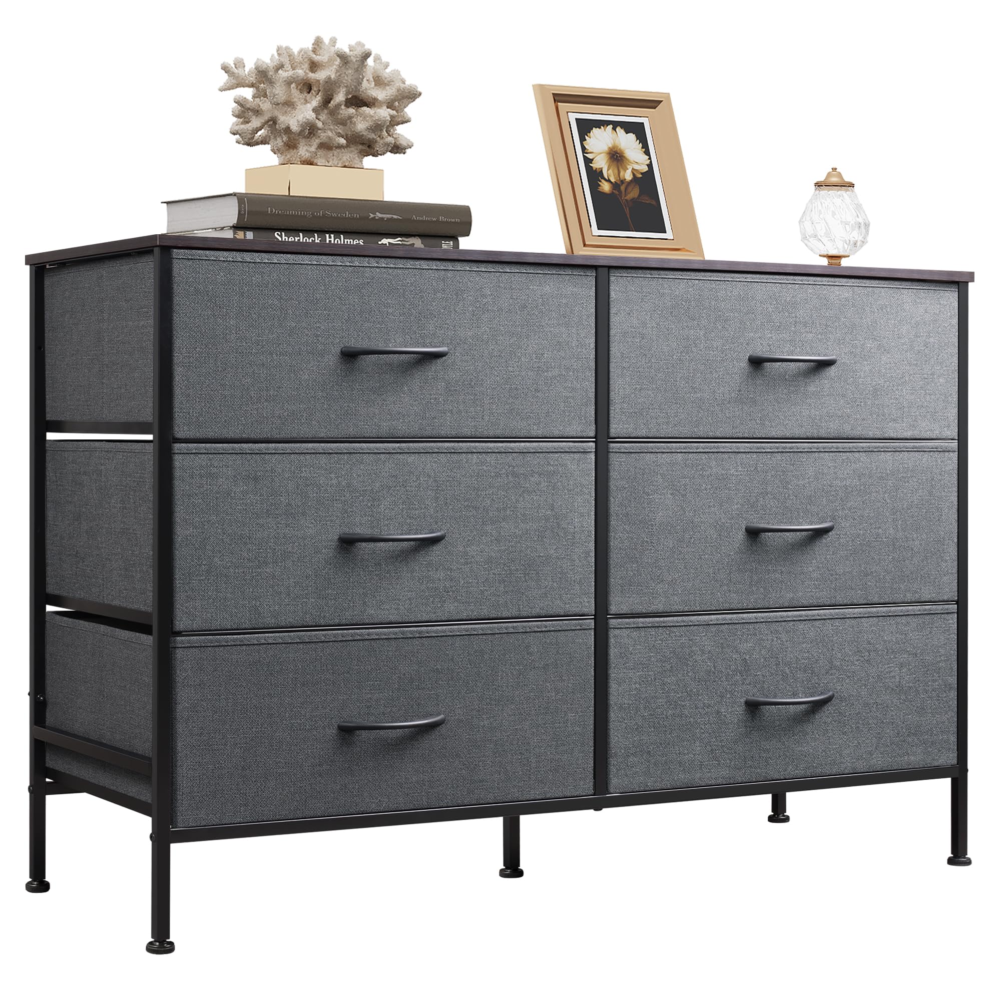 WLIVE Dresser for Bedroom with 6 Drawers, Wide Dresser TV Stand for 50 Inches TV, Gray Dresser with Metal Frame, Wooden Top, Fabric Dressers for Bedroom, Living Room, Hallway, Dark Gray