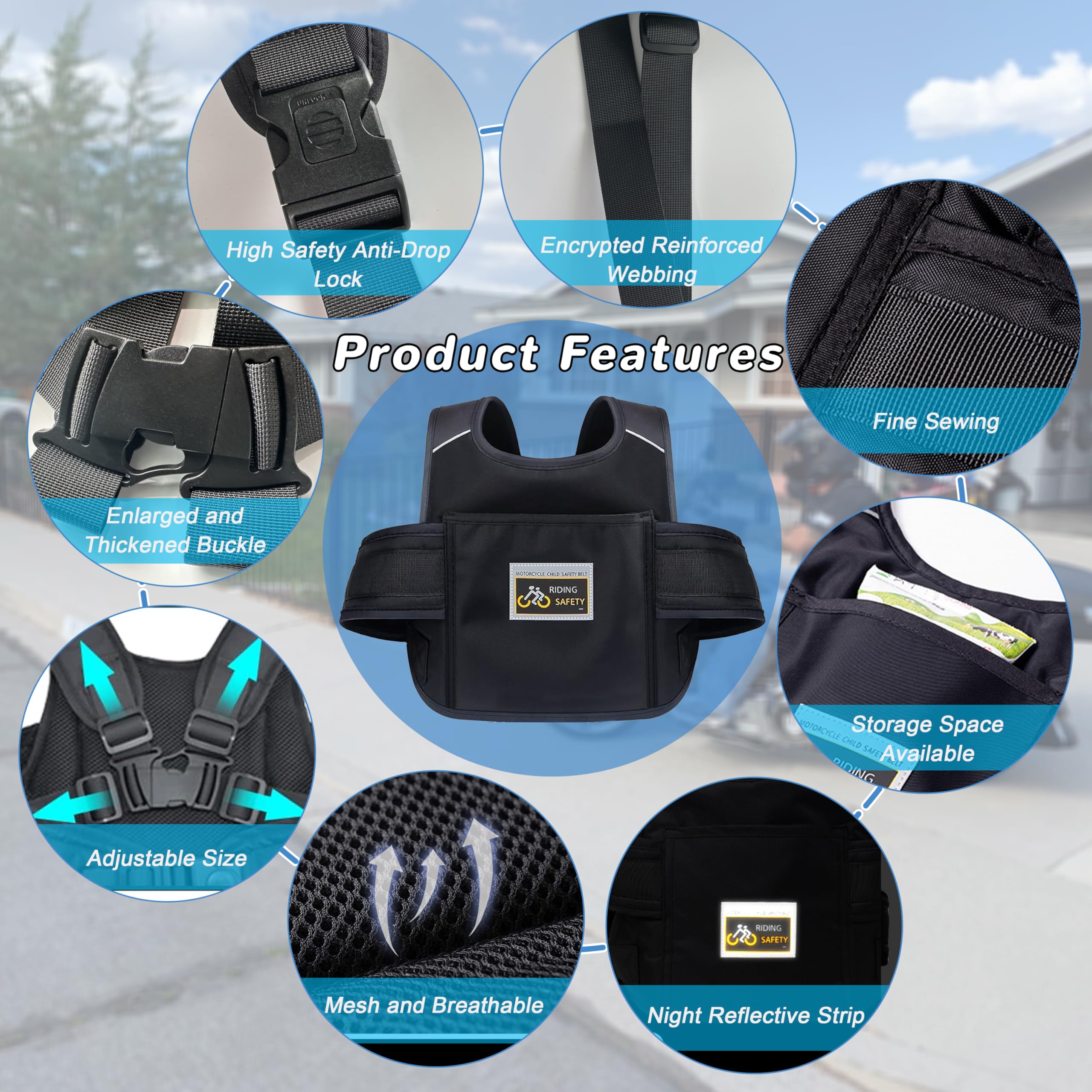 Child Motorcycle Safety Harness Reflective Strip, Reflective Child Motorcycle Harness Adjustable, Safety Harness For Kids & Toddlers Aged 3-12 Years - Black