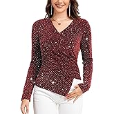 PEIQI Women's Rhinestone Top Long Sleeve Shimmer Glitter Sparkly Blouse for Cocktail Party Evening Shirts