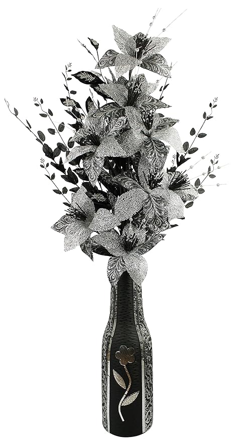 Large Floor Vase With Tall Artificial Flowers Fake Flowers Lily Leaf Diamante Diamond Effect Sparkle Bling Glitter Living Room Hall