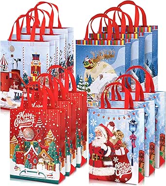 Whaline 12 bolsas de Navidad no tejidas grandes con asas, reutilizables
