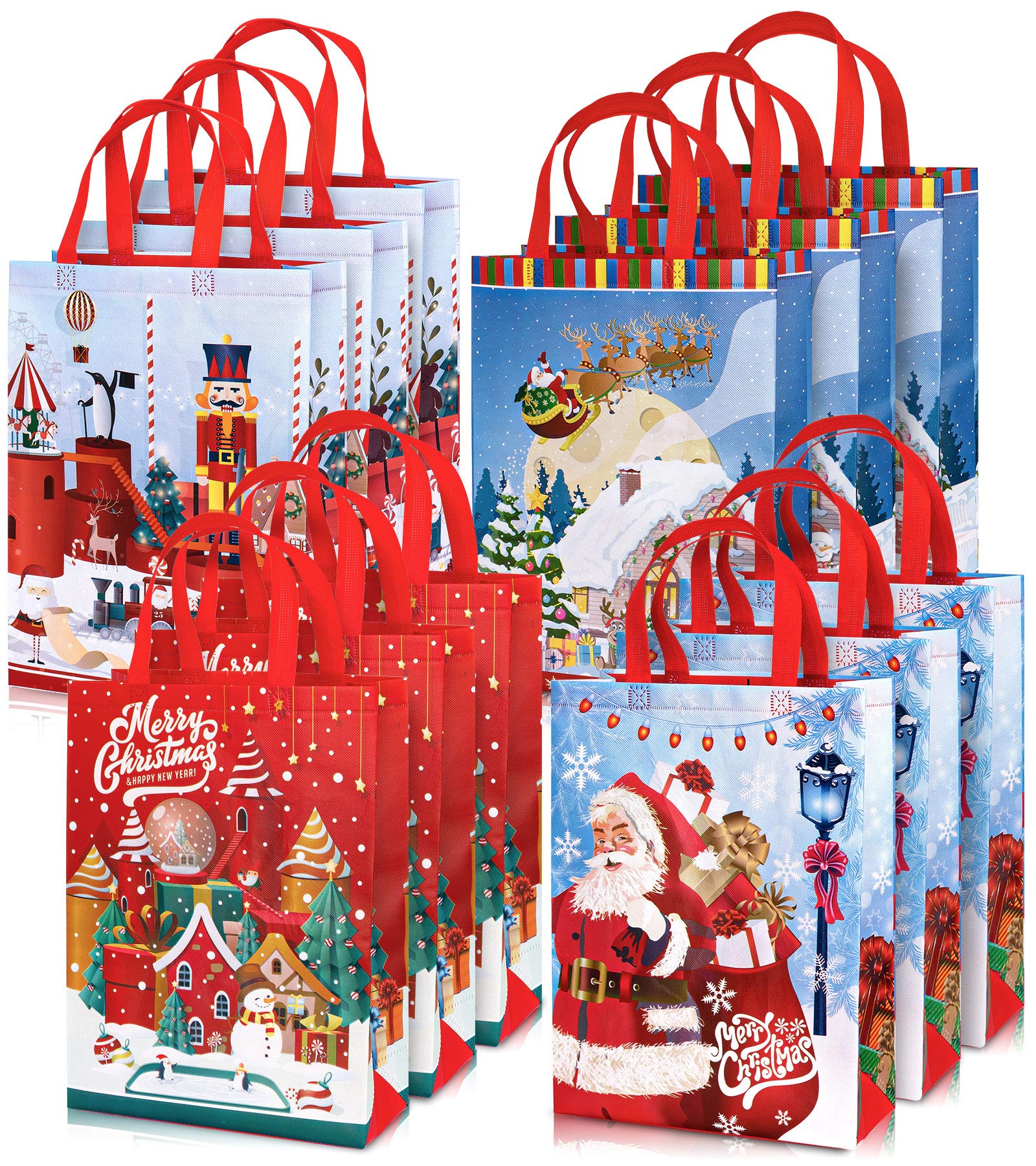 Whaline 12 Pack Christmas Non-Woven Large Tote Bags with Handles - Reusable Gift, Grocery, Santa Xmas Tree Party Treat, Waterproof Goodie Bags for Holiday Favors
