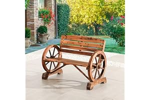 LOKATSE HOME Wooden Wagon Wheel Bench 2-Person Outdoor Rustic Chair Country Yard with Backrest, Burnt-Finished