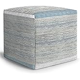 SIMPLIHOME Naya Boho Cube Pouf in Blue Melange Cotton for the Living Room, Bedroom and Kids Room