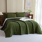 CozyTide 100% Cotton Queen Quilt Set 90"x98",Olive Green Waffle Weave Lightweight Bedspread,Farmhouse Shabby Boho Chic Coverlet 3 Pieces
