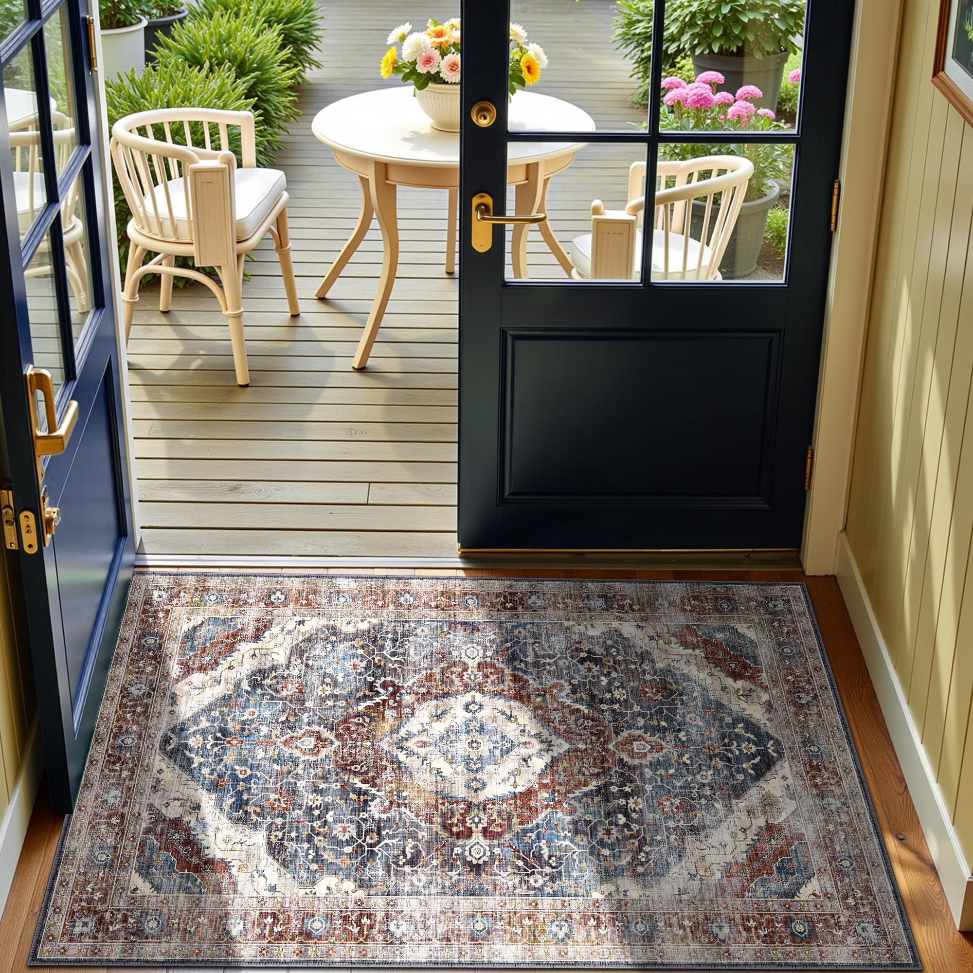 Photo 1 of 2x3 Washable Boho Rug Small Area Rugs for Entryway Bedroom Bathroom Kitchen Lliving Room, Soft Flower Rugs Low Pile Non-Slip Rubber Backing(Border Brown/Navy Blue)