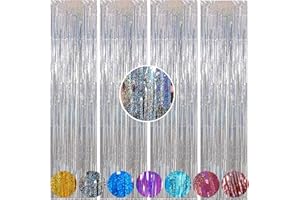 WUYUEJXI 4 Pack Silver Foil Fringe Backdrop Curtains，3.3 x 9.9 Feet Metallic Tinsel Foil Fringe Curtains Photo Booth Props for Christmas Party Decorations Bridal Shower Engagement BacheloretteParty