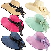 Xtinmee 6 Pcs Summer Women's Big Bowknot Straw Hat Wide Brim Foldable Floppy Adjustable UV Protection UPF 50+ Beach Hat