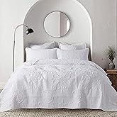 B2EVER White Damask Quilt Twin Size Bedding Sets with 1 Pillow Sham, Boho Bedspread Lightweight Soft Farmhouse Vintage Bohemian Coverlet Retro Jacquard Pattern Bed Cover for All Season, 2 Pieces