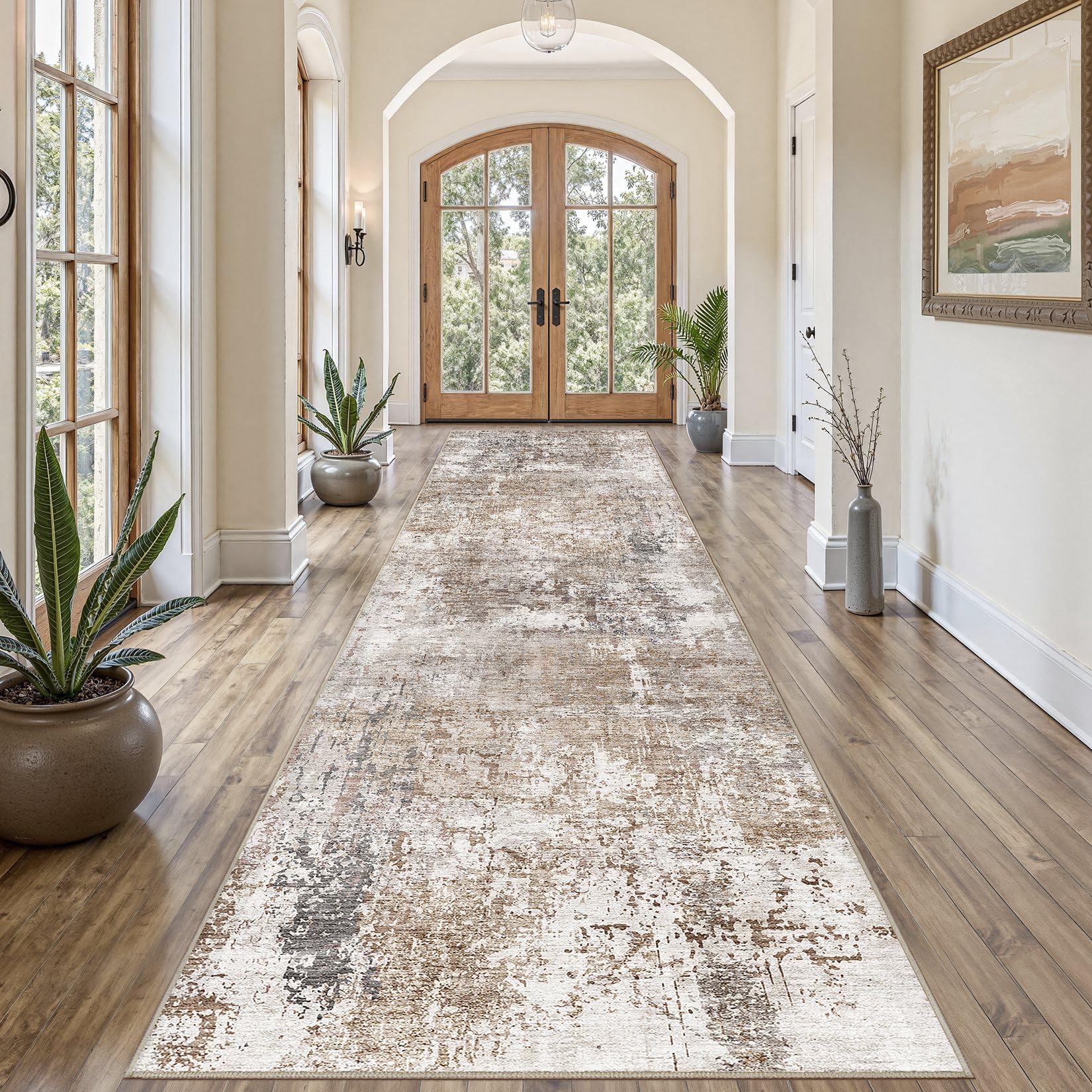 UERMEI 3X12 Washable Runner Rug for Hallway: Soft Neutral Modern Abstract Area Rug - Non-Slip Low Pile Long Throw Indoor Carpet for Kitchen Entryway Kitchen Bedroom Laundry Bathroom - Brown/Grey/Red Image