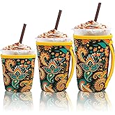 3 Pack Reusable Iced Coffee Sleeves for 16-32 ounces of hot or cold coffee or iced beverages Reusable Neoprene Insulated Sleeve for Hot and Cold Drinks from Starbucks, Dunkin And More (Yellow Paisley)