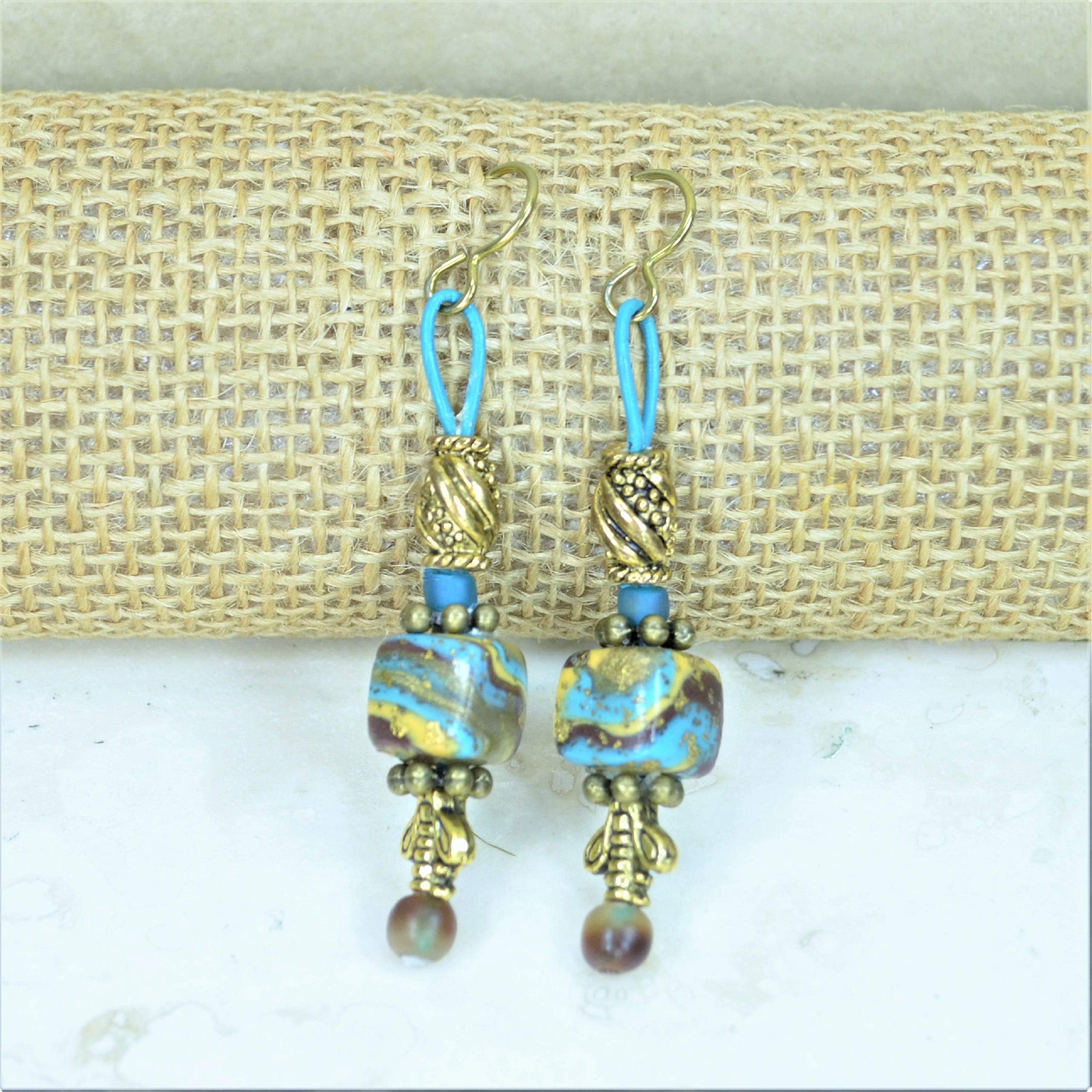 Turquoise Color Marble Art Cube Bead Niobium Earrings